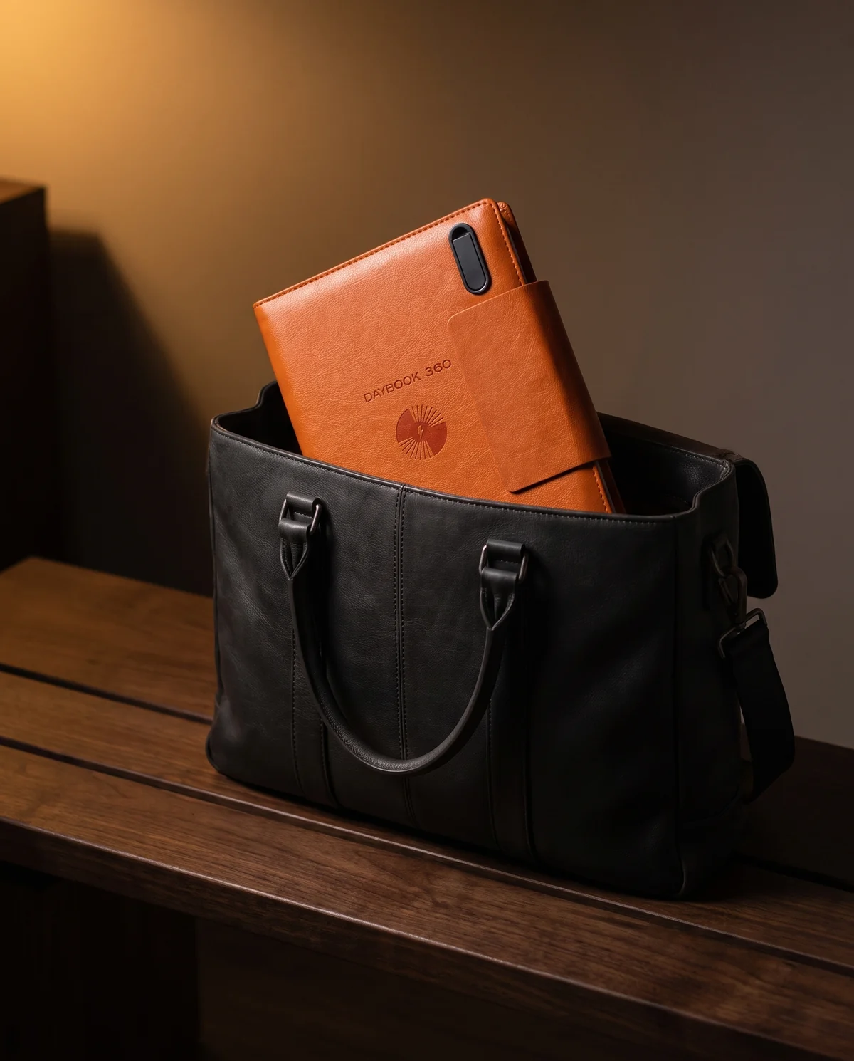 Illustration: the closed orange DAYBOOK 360 standing in an open black work bag