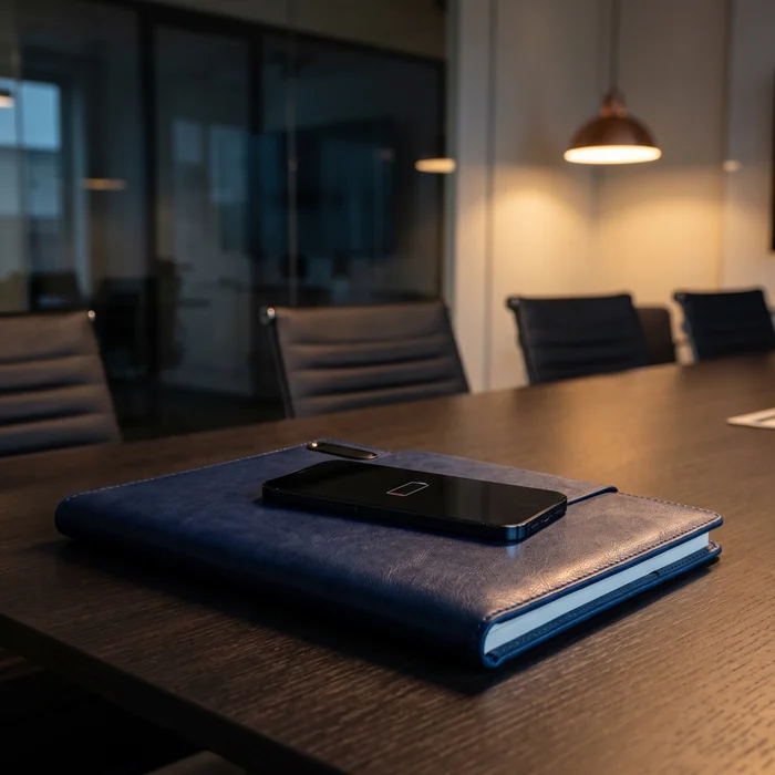 Illustration: the navy DAYBOOK 360 on a meeting-room table with a phone on its front cover