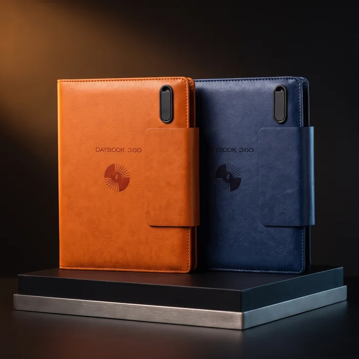 Illustration: orange and navy DAYBOOK 360 standing side by side on a black plinth