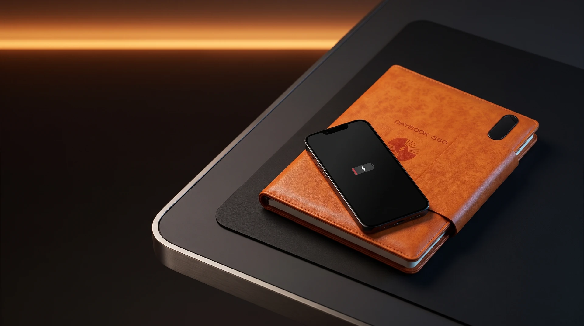 Illustration: orange DAYBOOK 360 planner lying closed on a dark desk with a phone on its front cover