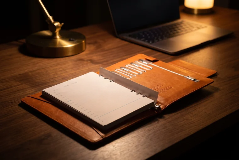 Illustration: the open orange DAYBOOK 360 on a walnut desk at night, the built-in cables inside the back cover