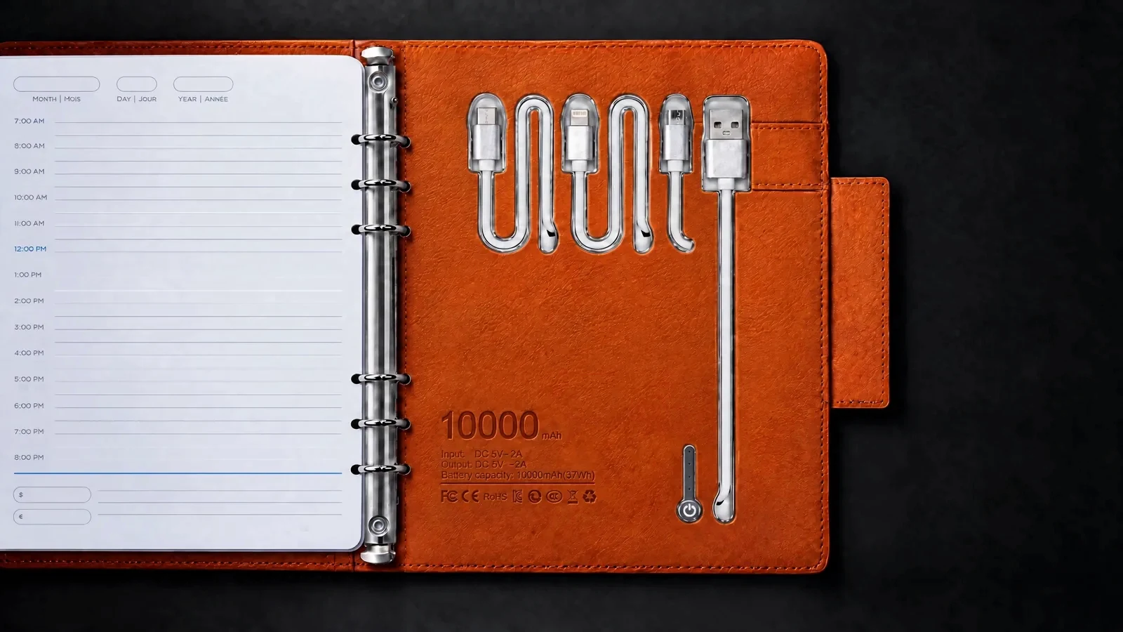 Illustration: inside the back cover — built-in USB-C, Lightning and Micro-USB cables, a USB-A cable, the power button and the battery label